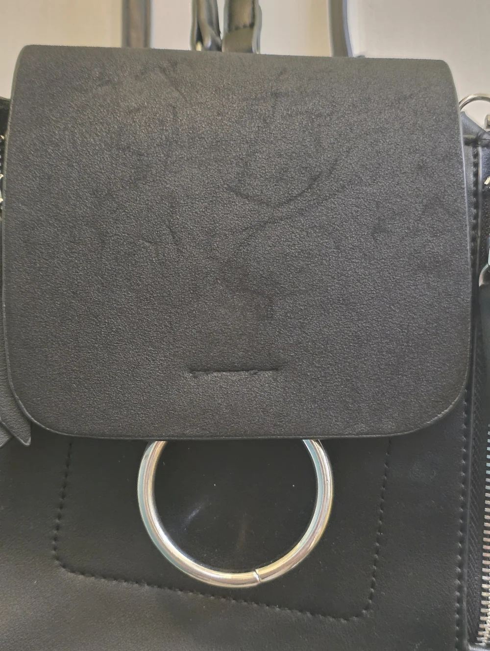 Lulus Faux Leather Black Convertible Mini Backpack Handbag Silver Tone Detail OS